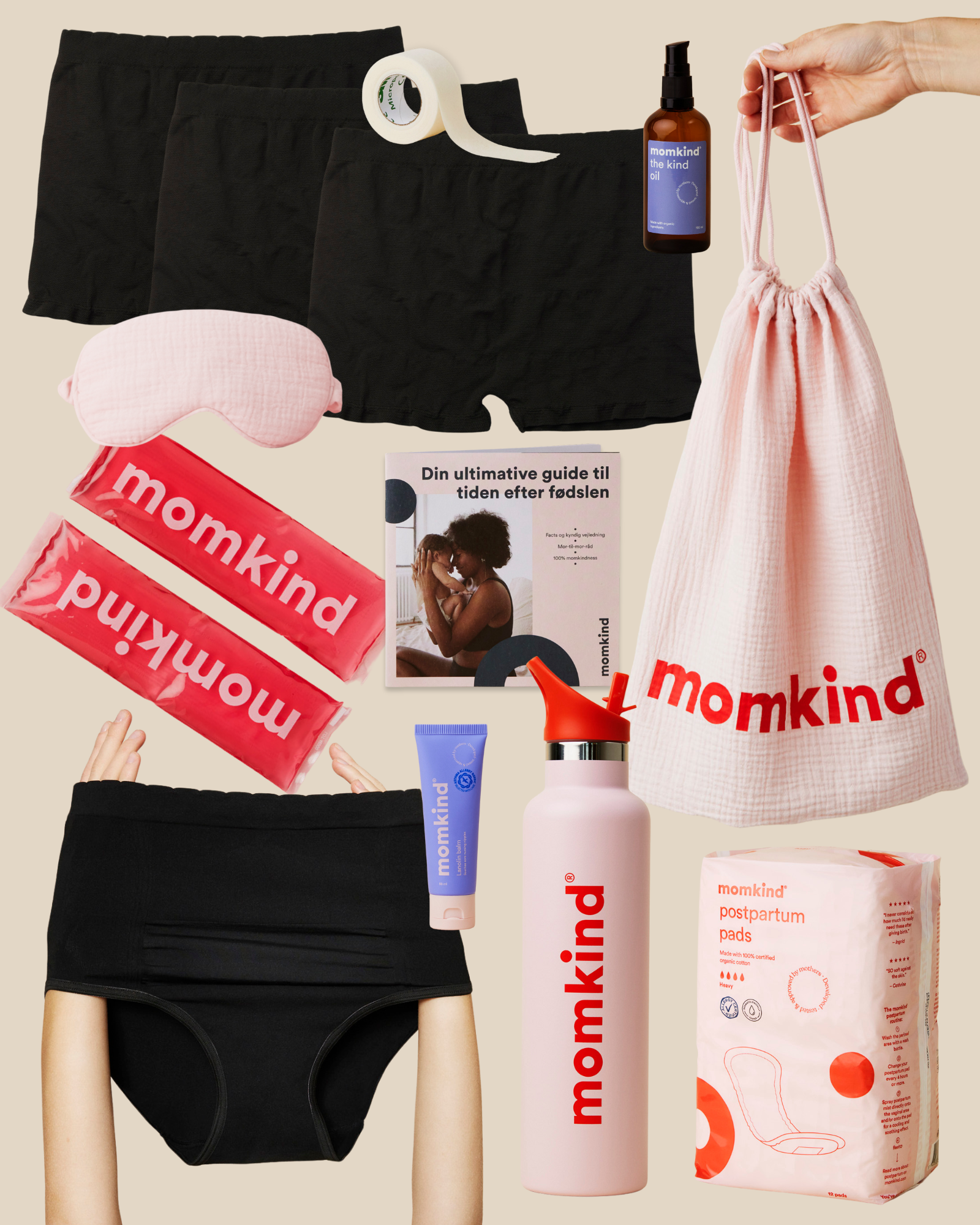 Efterfødselsbind, lanolin balm, kejsersnittrusser, efterfødselstrusser, sovemaske, termo drikkedunk, varme/køle pose, the kind olie, englehud plaster og guide til tiden efter fødslen.