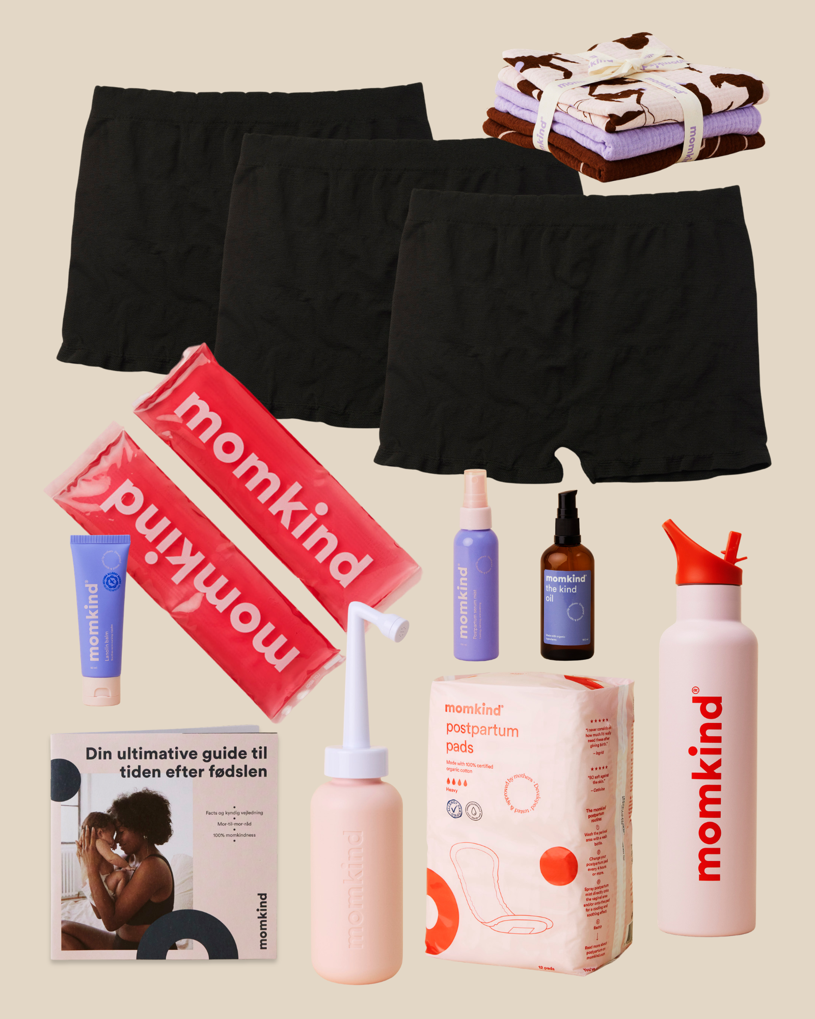 Skylleflaske, postpartum serum mist, the kind oil, lanolin balm, efterfødselsbind, køle/varme pose, efterfødselstrusser, termo drikkedunk, guide til efter fødslen og momkind pose.