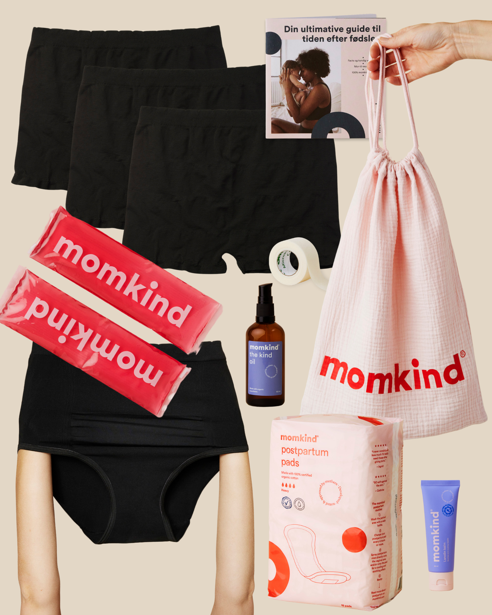 Efterfødselsbind, englehud plaster, lanolin balm, the kind oil, køle/varme pose, kejsersnittrusser og efterfødselstrusser, guide til efter fødslen og momkind pose.