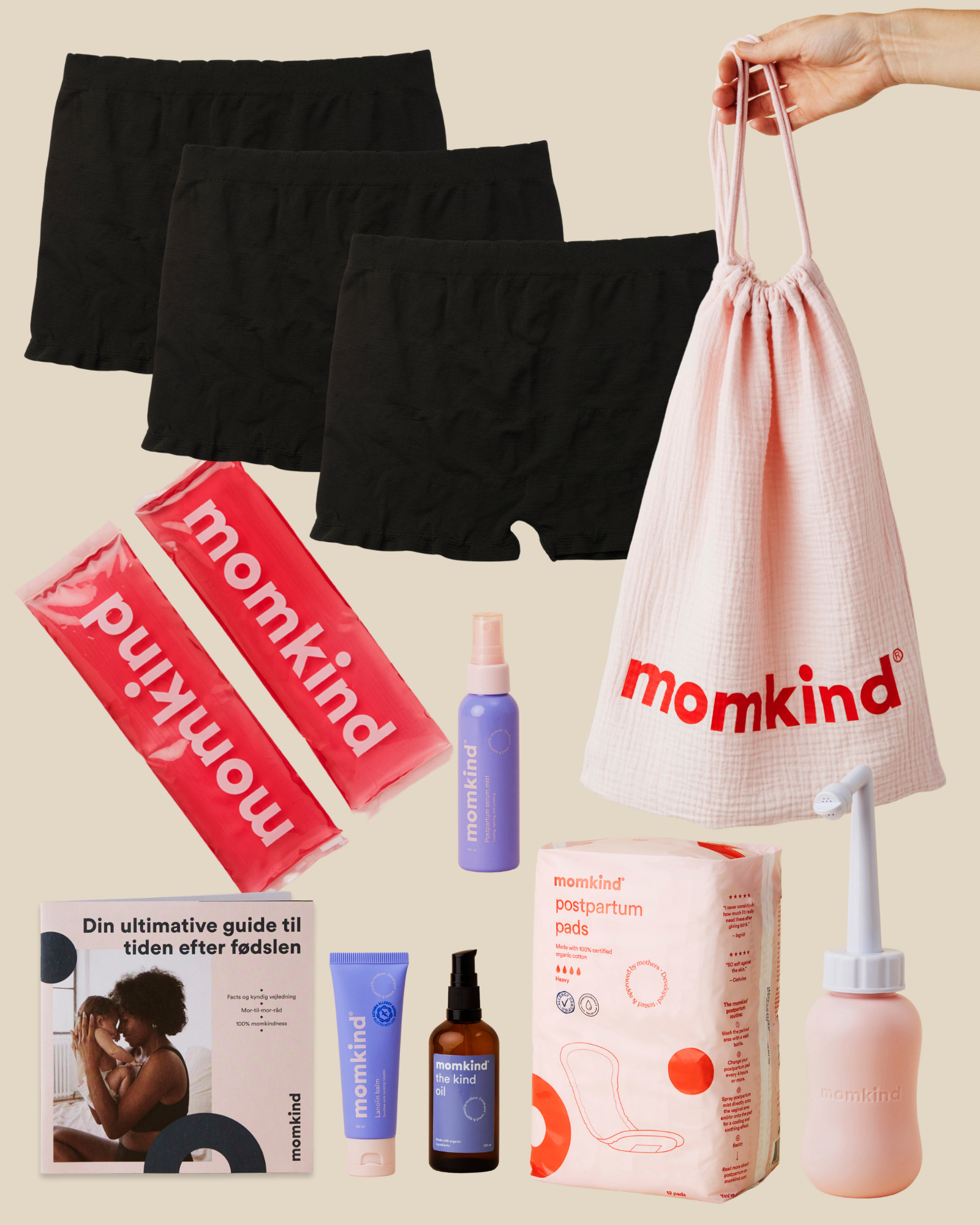 Skylleflaske, postpartum serum mist, the kind oil, lanolin balm, efterfødselsbind, køle/varme pose, efterfødselstrusser, guide til efter fødslen og momkind pose.