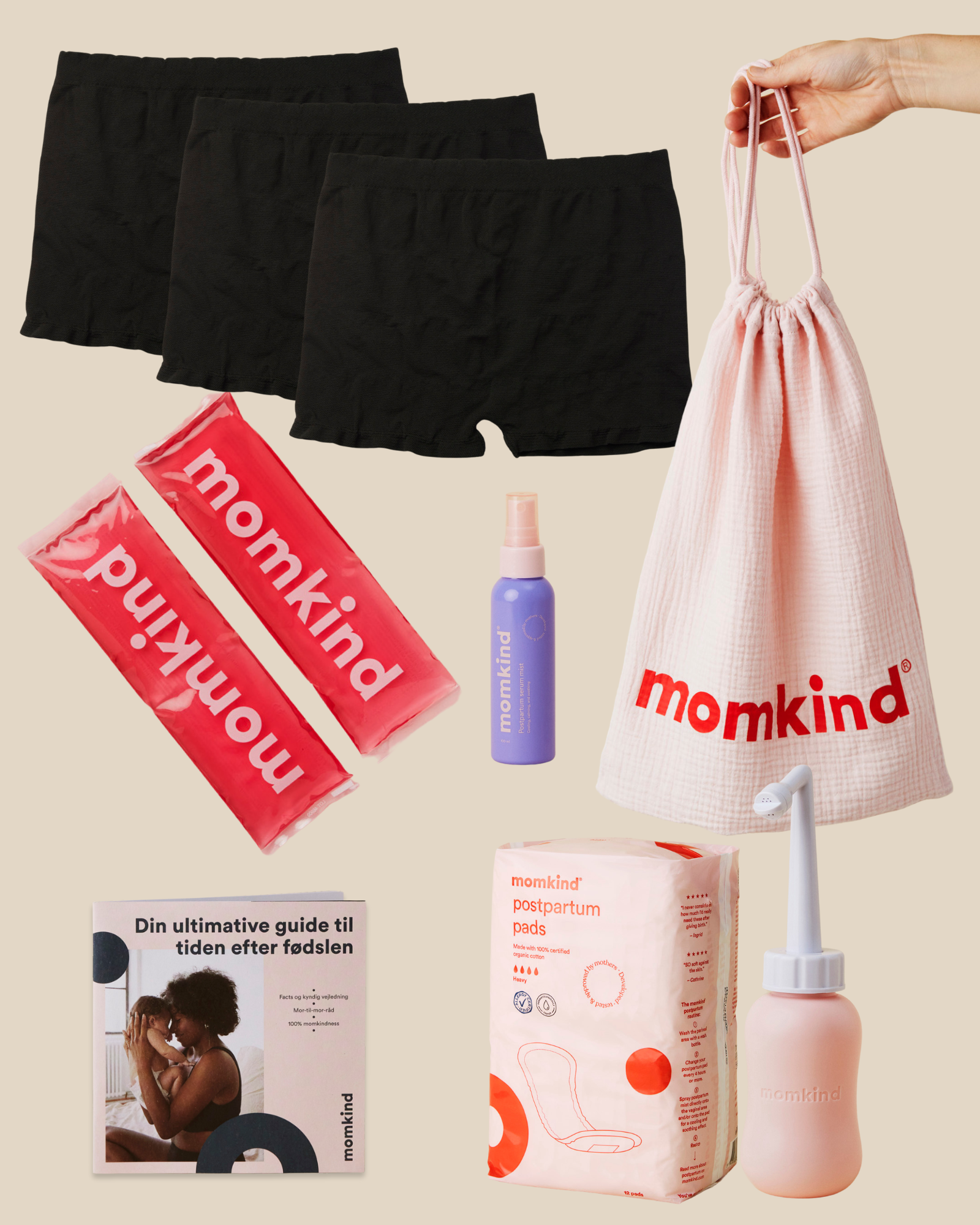 skylleflaske, efterfødselsbind, efterfødselstrusser, postpartum serum mist, køle/varme pose, guide til efter fødslen og momkind pose.