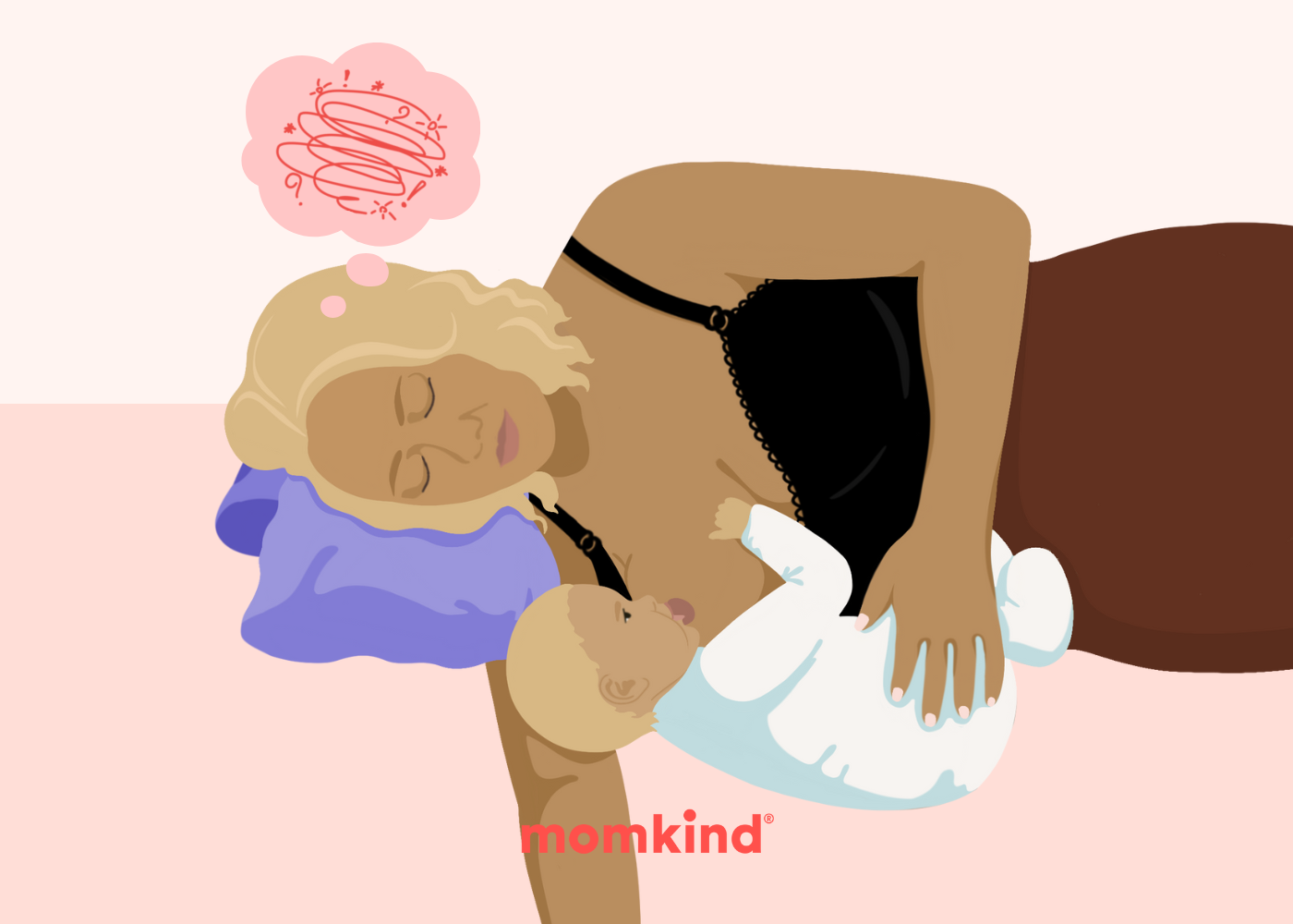 illustration af kvinde som ligger i sengen og ammer sin baby mens hun har lukkede øjne og en bobbel over hendes hoved viser at hun bekymrer sig og tænker på en masse ting