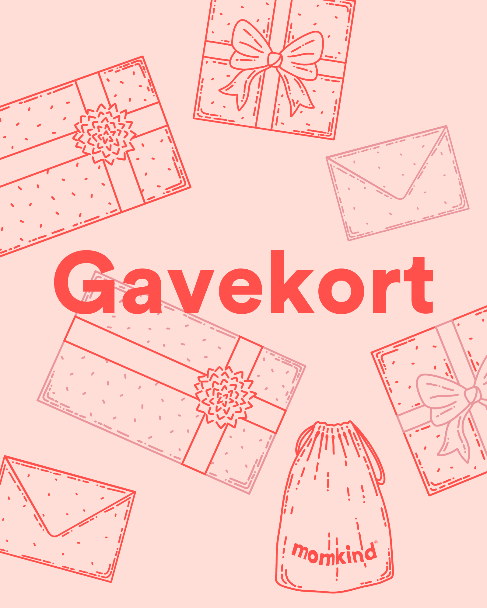 Momkind digitale gavekort i lyserødt og rødt. Der er tegnet kuverter, gaver og momkind carebag på.
