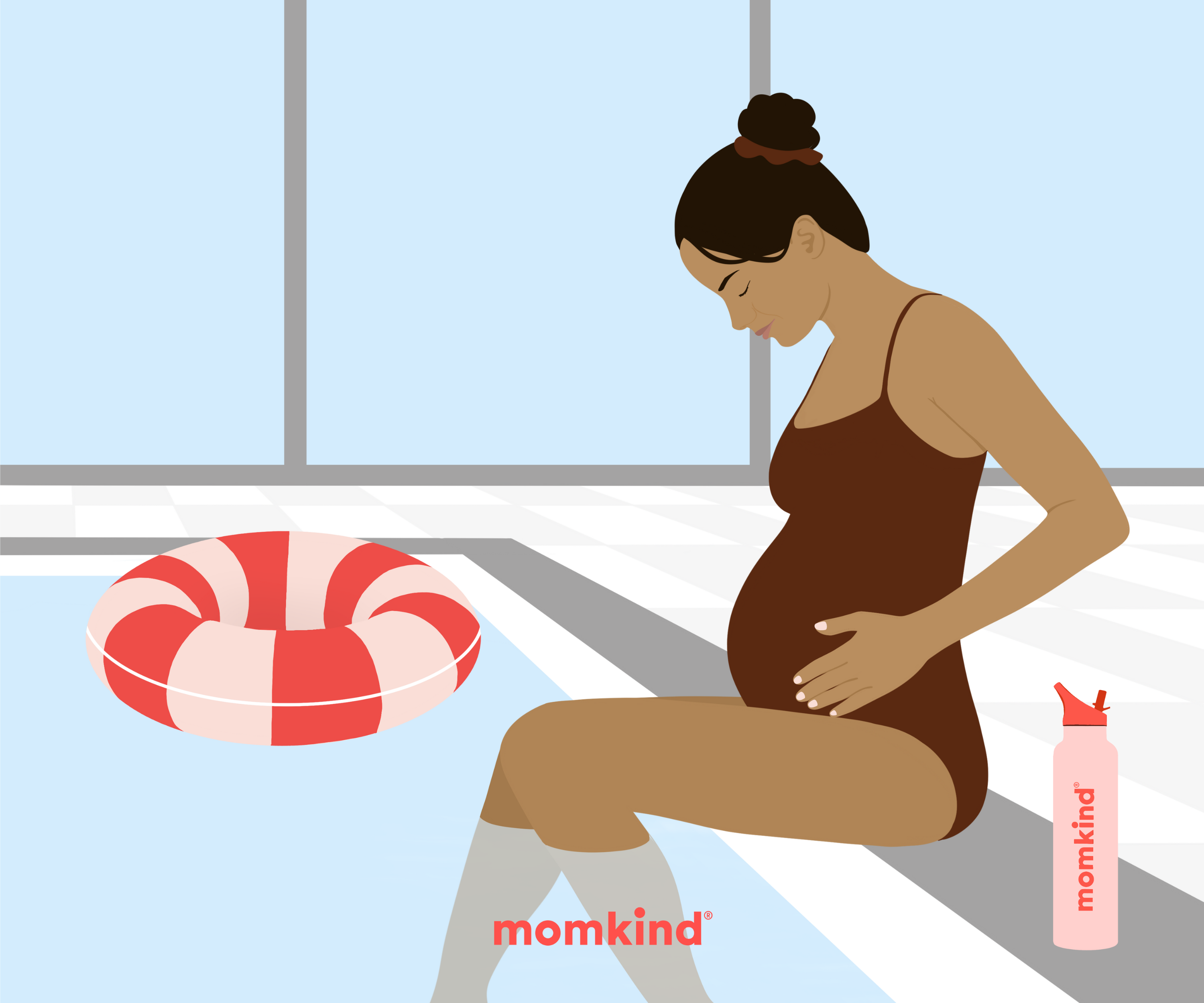 gravidkvinde i badedragt, sidder på kanten af bassin i svømmehal